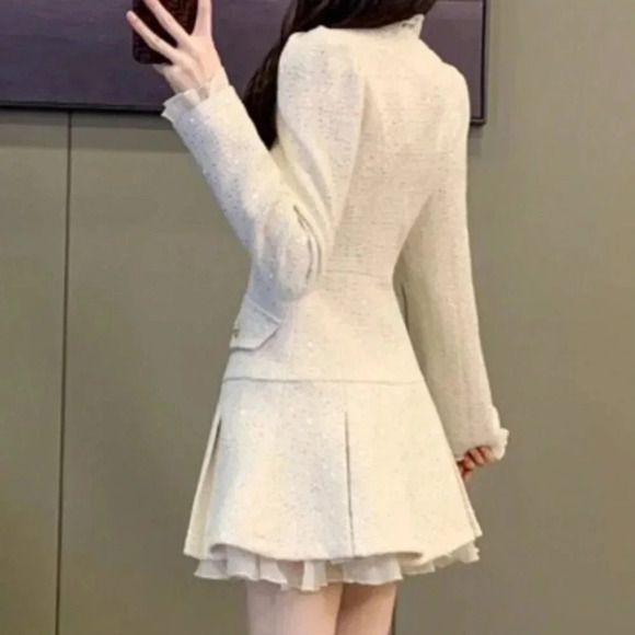 Apricot Elegant Women's Sequin Tweed Pleated Single Breasted Mini Dress - Picture 2 of 7